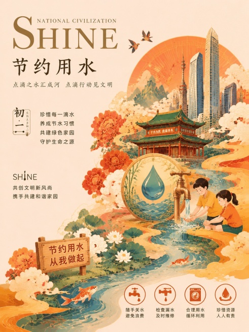 参考提供图片的国潮插画风格，生成单张竖版3:4比例海报，主题为节约用水，整体保持暖色调国潮风格，排版和装饰元素与参考图一致，保留SHINE品牌文字风格，添加节约用水相关宣传文案和场景元素预览效果