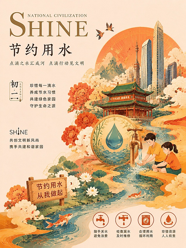 参考提供图片的国潮插画风格，生成单张竖版3:4比例海报，主题为节约用水，整体保持暖色调国潮风格，排版和装饰元素与参考图一致，保留SHINE品牌文字风格，添加节约用水相关宣传文案和场景元素