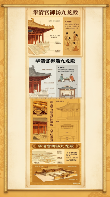 将提供的四张华清宫御汤九龙殿的图片合成为一张长图，保留每张图中原有的所有文字注释和标注，整体保持统一的复古中式古风，排版整齐，保留原有的所有信息不丢失预览效果