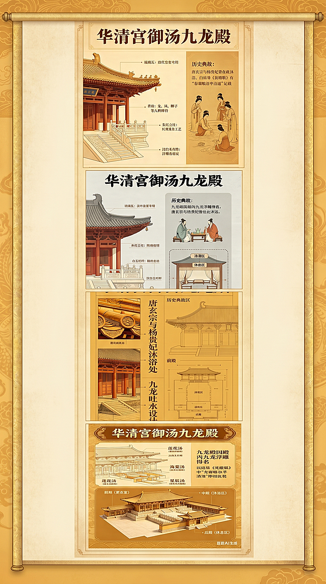 将提供的四张华清宫御汤九龙殿的图片合成为一张长图，保留每张图中原有的所有文字注释和标注，整体保持统一的复古中式古风，排版整齐，保留原有的所有信息不丢失