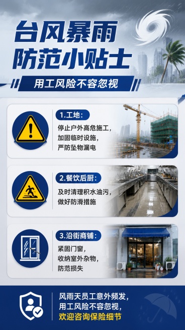 9:16竖版海报，商务简洁风格，用于朋友圈宣传。主标题文字"台风暴雨防范小贴士"，副标题文字"用工风险不容忽视"。分三个信息区域，每个区域配对应图标：1.工地场景：配警示图标，文字"1.工地：停止户外预览效果