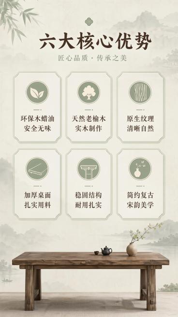 [第2屏] 核心卖点汇总页，展示老榆木桌子六大核心优势。本屏使用【图1】产品外观参考。
[氛围/风格] 整体延续低饱和做旧米灰山水宣纸底纹，浅橄榄绿柔雾国风色调，新中式宋韵极简风格。
[元素布局] 顶预览效果