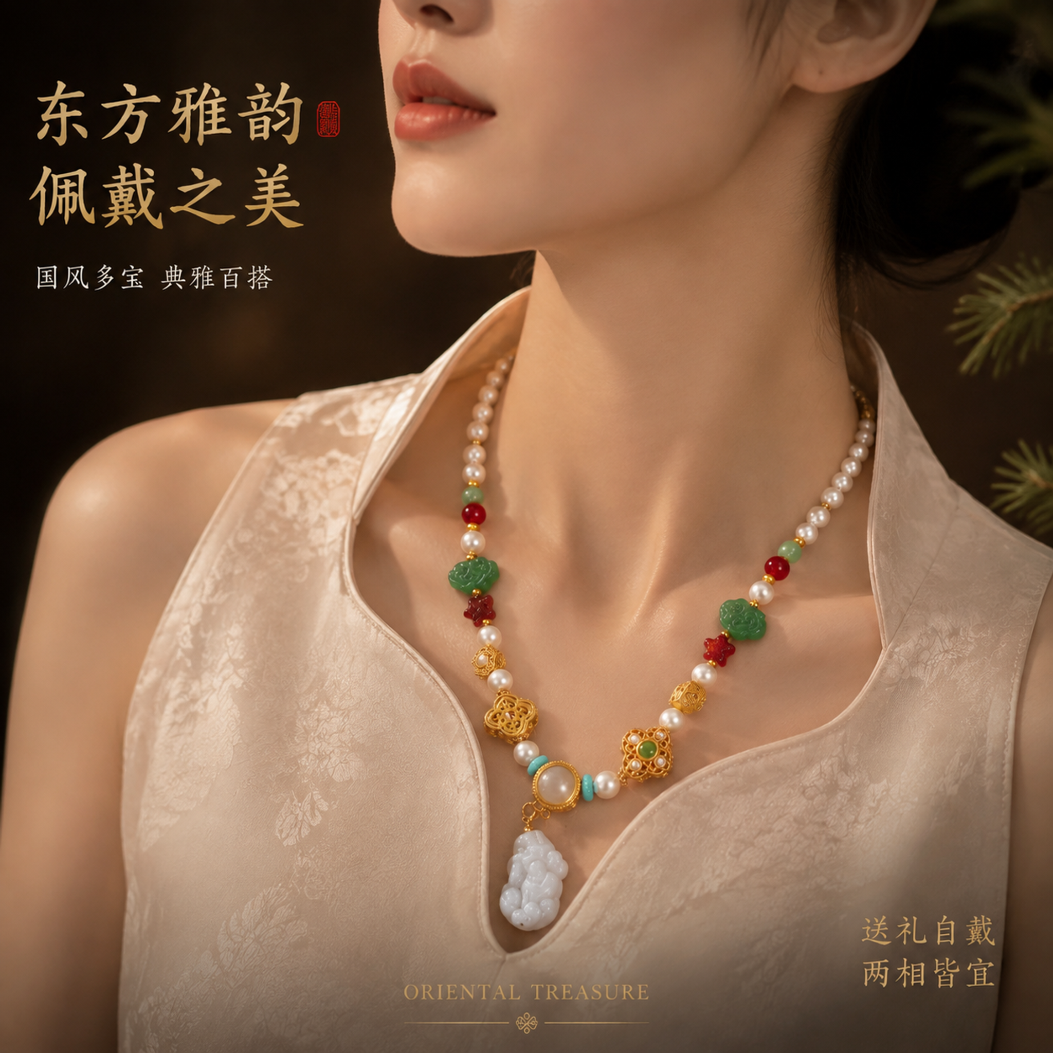 [主图-3] 多宝项链佩戴效果展示，东方美人颈间风情。 [氛围… - 图片创意预览