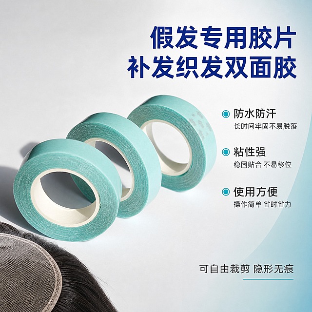 [主图-1] 产品身份首图，展示假发专用胶片产品外观与核心卖点，让买家一眼看清卖的是什么。
[统一基调] 淘宝/天猫专业品质风格，功能工具感；背景主色为浅灰渐变+淡青蓝色点缀，标题字色为深蓝色，辅助字色为深灰色，强调色为青蓝色；字体为无衬线粗体，标题大字粗重醒目，辅助文字缩小50%以上；卡片用轻微圆角半透明底，不用厚重边框。
[画面] 画面中央偏左位置摆放3卷青绿色假发专用双面胶片胶带，呈前后错落排列，最前方一卷完整展示侧面与胶层面，后两卷稍远形成层次感；产品外观、颜色、卷芯结构、胶层纹理与输入产品图完全一致，青绿色胶带本体、白色离型纸卷芯清晰可见；主体占画面约65%。右侧留出负空间放置标题与卖点文字。左下角可隐约看到假发内网局部边缘作为使用暗示，不抢主体。
[光影质感] 商业摄影质感，柔和主光从左上方照射，胶带侧面形成自然高光，底部有真实接触阴影，体现胶带卷的圆柱体积感和胶层细腻纹理；整体干净通透，突出产品专业可靠感。
[配色] 背景浅灰渐变，标题深蓝色，辅助文字深灰色，强调色青蓝色，产品本体青绿色，整体清爽专业。
[文字版式] 右上角大标题两行：第一行"假发专用胶片"，第二行"补发织发双面胶"；标题下方三行短卖点，每行前面加青蓝色小圆点："防水防汗"、"粘性强"、"使用方便"；右下角小字标注"可自由裁剪 隐形无痕"；所有文字横排，不遮挡产品主体。
[输出要求] 1:1正方形，2K分辨率，文字清晰锐利，产品清晰不变形；负向：禁止变形、错字、模糊、杂乱背景、水印、平台Logo、悬浮感、穿模、产品色差。