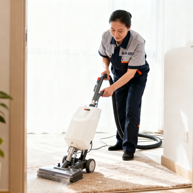 帮我生成带“颐养浏阳”服务人员地毯清洗服务场景的图片预览效果