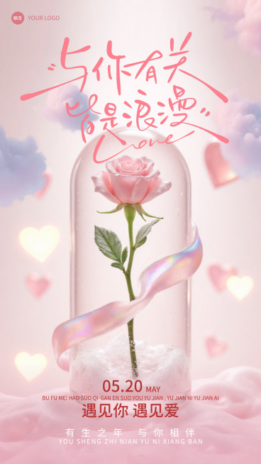 情人节海报3D风玫瑰轻拟物水彩质节日祝福全屏竖版海报预览效果
