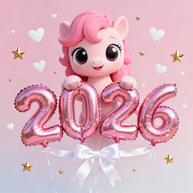 2026气球文字粉色的可爱有个可爱的马抱着2026这4个数字预览效果