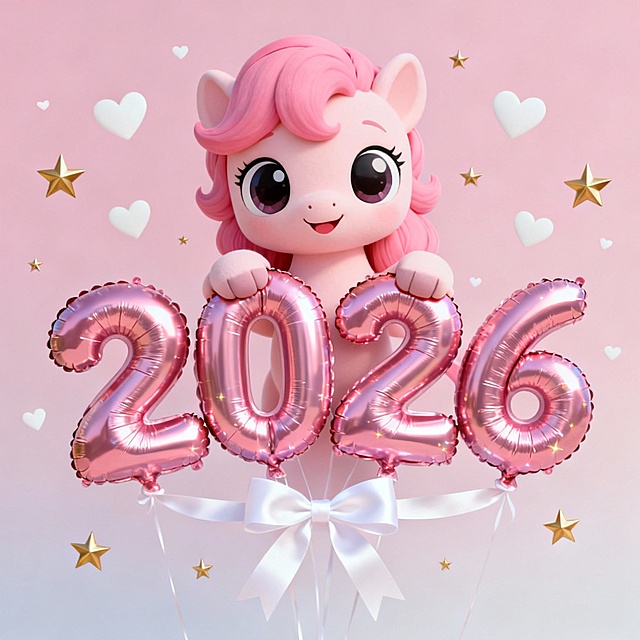 2026气球文字粉色的可爱有个可爱的马抱着2026这4个数字