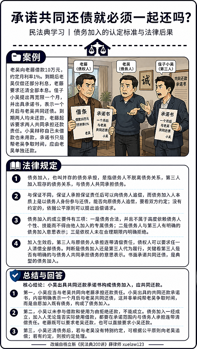 基于参考图的版式骨架进行精确复刻，整体结构、分区、配色体系、装饰风格、图标样式、圆角卡片、虚线分隔、顶部天平图标等全部保留不变，仅将所有文字内容和右侧案例插图替换为本次新内容；不添加二维码占位，不增加任何新元素，不改变结构。

【主标题区】
主标题大字：“承诺共同还债就必须一起还吗？”
副标题小字：“民法典学习 | 债务加入的认定标准与法律后果”
主标题下方保留一条横向虚线，中间保留蓝色天平小房子图标，样式与参考图一致。

【案例区（左文右图结构，与参考图同布局）】
左侧深蓝色圆角标签写“案例”，配文件夹图标。
左侧文字内容（完整保留，不得删减改写）：
“老吴向老藤借款10万元，约定月利率1%。到期后老吴仅偿还部分利息，老藤要求还清全部本息。侄子小吴提出再宽限一个月，并出具承诺书，表示一个月后与老吴共同还债。到期两人均未还款，老藤起诉要求两人共同承担还款责任。小吴辩称自己未借款也未用款，承诺书只是帮老吴争取时间，应由老吴单独还款。”
右侧案例插图替换为：债务加入纠纷场景插画，左侧是债权人老藤手持借条和承诺书，表情严肃；中间是老吴面露难色摊手；右侧是侄子小吴拿着承诺书辩解，身后有“共同还款承诺书”字样的文件元素，整体为卡通写实漫画风格，人物为亚洲面孔，色调与参考图一致，画面清晰。

【法律规定区（深蓝色圆角标签，配书本图标）】
标题：“法律规定”
下方白色圆角卡片内，用4条带深蓝色圆形数字序号的条目呈现，序号分别为1、2、3、4，每条之间用浅蓝色虚线分隔：
1. “债务加入，也叫并存的债务承担，是指债务人不脱离债务关系，第三人加入现存的债务关系，与债务人共同承担债务。”
2. “与保证不同，保证人承担保证责任后可以向债务人追偿，而债务加入人本质上是以债务人身份参与还债，能否向原债务人追偿，要看双方约定；没有约定的，依据公平原则可以提出追偿请求。”
3. “债务加入的成立要件有三项：一是债务合法，并且不属于高度依赖债务人个性、技能而不得由他人加入的专属债务；二是债务人与第三人有明确的债务加入意思表示；三是债权人未在合理期限内明确拒绝。”
4. “加入生效后，第三人与原债务人承担连带清偿责任，债权人可以要求任一人清偿全部债务。判断是债务加入还是第三人代为履行，关键看第三人是否有明确的与债务人共同承担债务的意思表示。书面承诺共同还债，是典型的债务加入。”

【总结与回答区（深蓝色圆角标签，配对勾盾牌图标）】
标题：“总结与回答”
核心结论行：“核心结论：小吴出具共同还款承诺书构成债务加入，应共同还款。”
下方3条带深蓝色圆形数字序号的条目，序号分别为1、2、3，每条之间用浅蓝色虚线分隔：
1. “第一，小吴应当与老吴共同向老藤承担还款责任。小吴出具的共同还款承诺书，内容明确表示一个月后与老吴共同还债，这并非单纯帮老吴争取时间，而是自愿加入既有债务，构成了债务加入。”
2. “第二，小吴以未参与借款和使用为由拒绝还款，不能成立。债务加入一经成立，加入人无论是否实际使用借款，都要在承诺范围内与债务人承担连带清偿责任。老藤既可以要求老吴还款，也可以直接要求小吴还款。”
3. “第三，小吴还清债务后，若与老吴没有特别约定，可根据公平原则向老吴追偿；若有约定，则按约定处理。”

【底部】
保留底部一条横向细线，下方小字改为：“—— 改编自杨立新《民法典200讲》 薛律师 xuelaw123 ——”，样式与参考图一致。

【硬约束】
- 严格保留参考图的版式骨架、分区比例、配色体系（深蓝主色+浅蓝点缀+白色卡片）、字体层级、圆角卡片样式、图标风格、虚线分隔样式、标签样式。
- 所有文字内容必须完整准确呈现，不得删减、改写、遗漏或编造；所有数字（10万元、1%、一个月等）必须精确渲染。
- 不添加二维码占位符，不增加任何新的装饰元素或内容区块。
- 画面中所有信息区域必须填充完整，不得出现空白框、空白占位或待填写区域。
- 整体为竖版法律科普海报风格，扁平插画+信息卡片结合，清晰易读，版式精美。