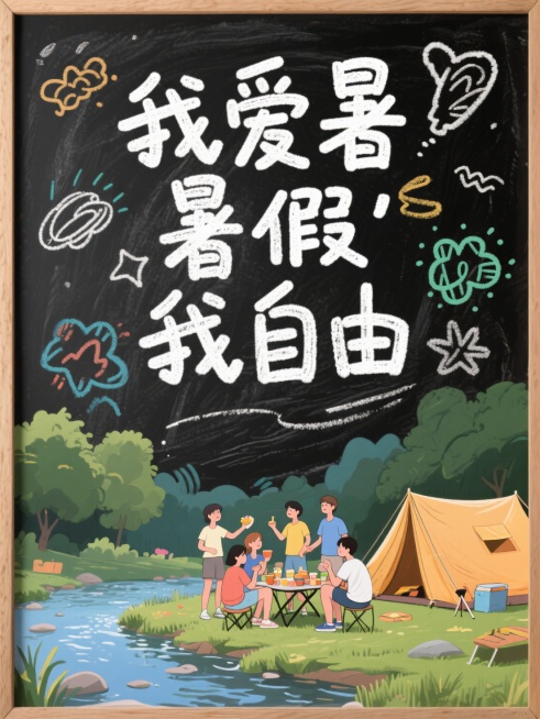 黑板报风格，小河边、帐篷、朋友聚会，标题为白色文字“我爱暑假我自由”，粉笔笔触，文字周围涂鸦元素点缀预览效果