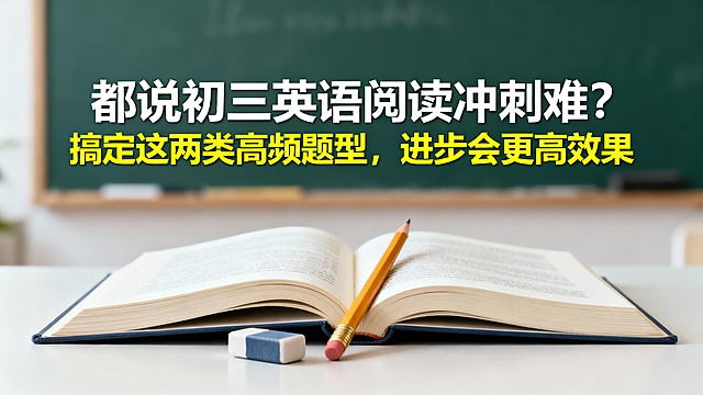 帮我生成一张横屏的图片，包含这些文字：都说初三英语阅读冲刺难？搞定这两类高频题型，进步会更高效果