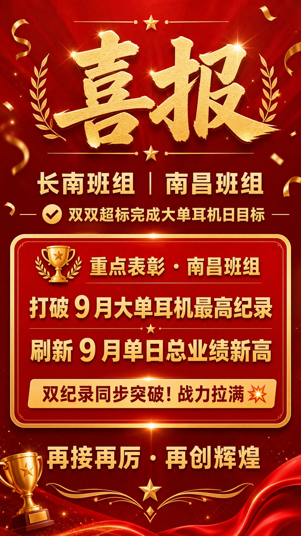 企业内部业绩表彰喜报海报，竖版9:16，红金配色，喜庆大气商务… - 图片创意预览