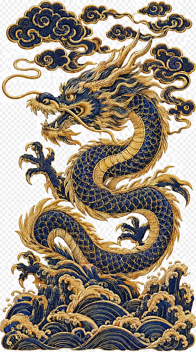 基于参考图进行重绘，保留原图龙的主体构图布局不变，龙头朝向和位置保持一致。将原图红色背景改为透明背景，将原图所有红色部分改为深蓝色，金黄色部分保留不变。上端的单线描云纹图案改为精致的祥云图案，下端的水纹图案改为江牙海水纹图案。所有图案（龙、祥云、江牙海水纹）全部采用苏绣工艺质感，丝线刺绣纹理清晰可见，细腻的苏绣针法，刺绣光泽感，精致华丽的中国传统刺绣风格。
