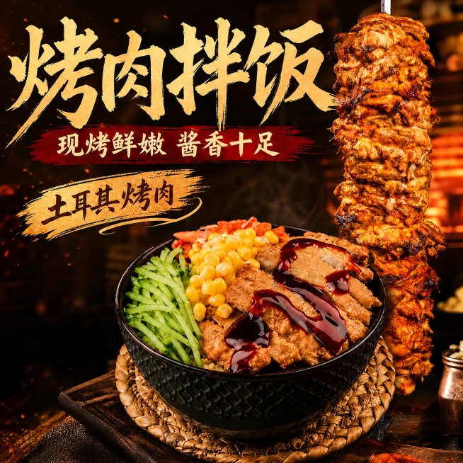删除原图左下角三个卖点标签的全部文字（分量管饱、现烤现卖、酱香浓郁），保留原海报整体版式、文字、烤肉拌饭、烤肉串、背景和配色不变，删除后调整背景填补空缺区域，整体风格升级为更高级简约的质感，提升画面精预览效果
