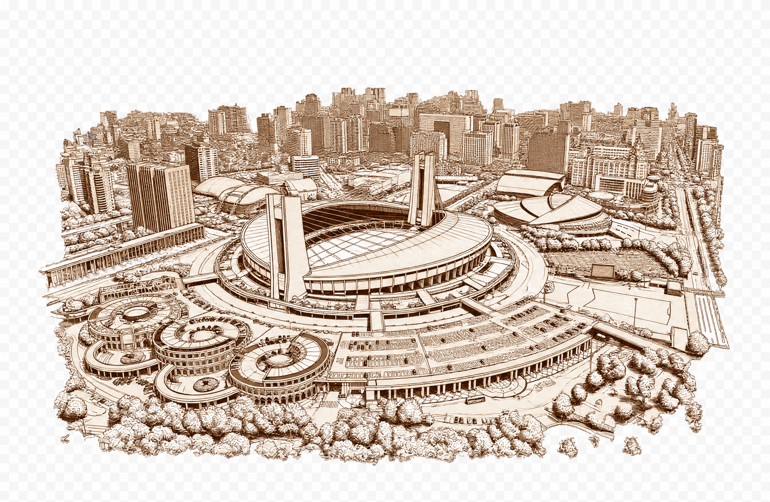 将图中所有建筑的颜色改为咖啡色，保持建筑的线条、结构、透视和整… - 图片创意预览
