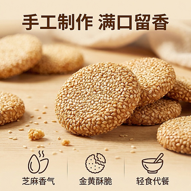 [主图 2 核心卖点修改]
[主图主题] 芝麻小圆饼核心卖点展示
[氛围/风格] 暖色调自然治愈风格，柔和自然光，突出品质感
[画面元素] 微距特写展示芝麻小圆饼表面满满芝麻颗粒质感，产品为扁扁小圆饼形状，和参考图一致，不要做成正圆形。背景为浅暖米色实木餐桌散落少量芝麻粒，突出原料诚意，通过构图放大酥脆纹理，视觉冲击力强
[配色色系] 暖米棕主色调，浅木色辅助，整体温暖统一
[视角构图] 平视微距特写，浅景深突出主体纹理
[文字版式] 核心卖点 "手工制作 满口留香" 粗体棕色字悬浮于画面上方留白处；三个卖点图标加文字排列画面底部："芝麻香气"、"金黄酥脆"、"轻食代餐"，深棕色细字，使用极简设计，不遮挡主体。符合拼多多直观卖点展示要求
[比例分辨率] 2k分辨率