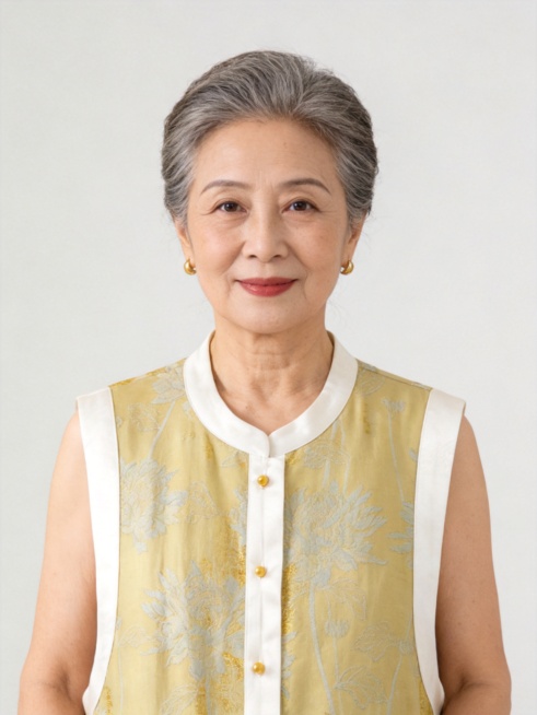 另一位不同的亚洲老年女性正面展示这件新中式马甲，大气高级感，端庄气质，简约干净背景预览效果