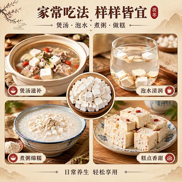 [商品] 使用【图1】白色茯苓丁（茯苓块）；保留方块状外形、奶白色质地；本页产品融入食用场景中，作为食材出现。
[画面] 目标：食用场景种草页，展示茯苓多种家常吃法。构图：2×2圆角卡片拼图形式，四张场景图分别为：左上-茯苓排骨汤（汤煲里可见茯苓丁）、右上-茯苓泡水（玻璃杯中茯苓片沉浮）、左下-茯苓粥（白粥撒茯苓粉）、右下-茯苓糕（中式糕点摆盘）；中心偏下放产品小碗茯苓丁做呼应；背景为浅木色餐桌，营造温馨家常氛围。
[视觉] 套系策略：风格=中式养生国风商业摄影；标题字=宋体粗体（古朴衬线）；正文字=简洁黑体；主色=米白+原木棕；背景延展=基于米白与浅棕做深浅层级、宣纸纹理质感、同色系渐变；强调色=赭石红，仅用于小面积图标、引线和标签；标题色=深棕褐；正文色=暖灰棕；组件=圆角浅底信息卡、细线引线、印章式标签；光影=暖调自然光，柔和均匀。
[文字] 顶部主标题「家常吃法 样样皆宜」，副标题「煲汤·泡水·煮粥·做糕」；四张图下方各配小字标签：煲汤滋补 / 泡水清润 / 煮粥绵糯 / 糕点香甜；底部加一句引导：「日常养生 轻松享用」。
[规格] 图片比例1:1方形，4K分辨率，抖音电商适配；避免变形、错字、文字过小、冷蓝背景、医疗功效宣称。