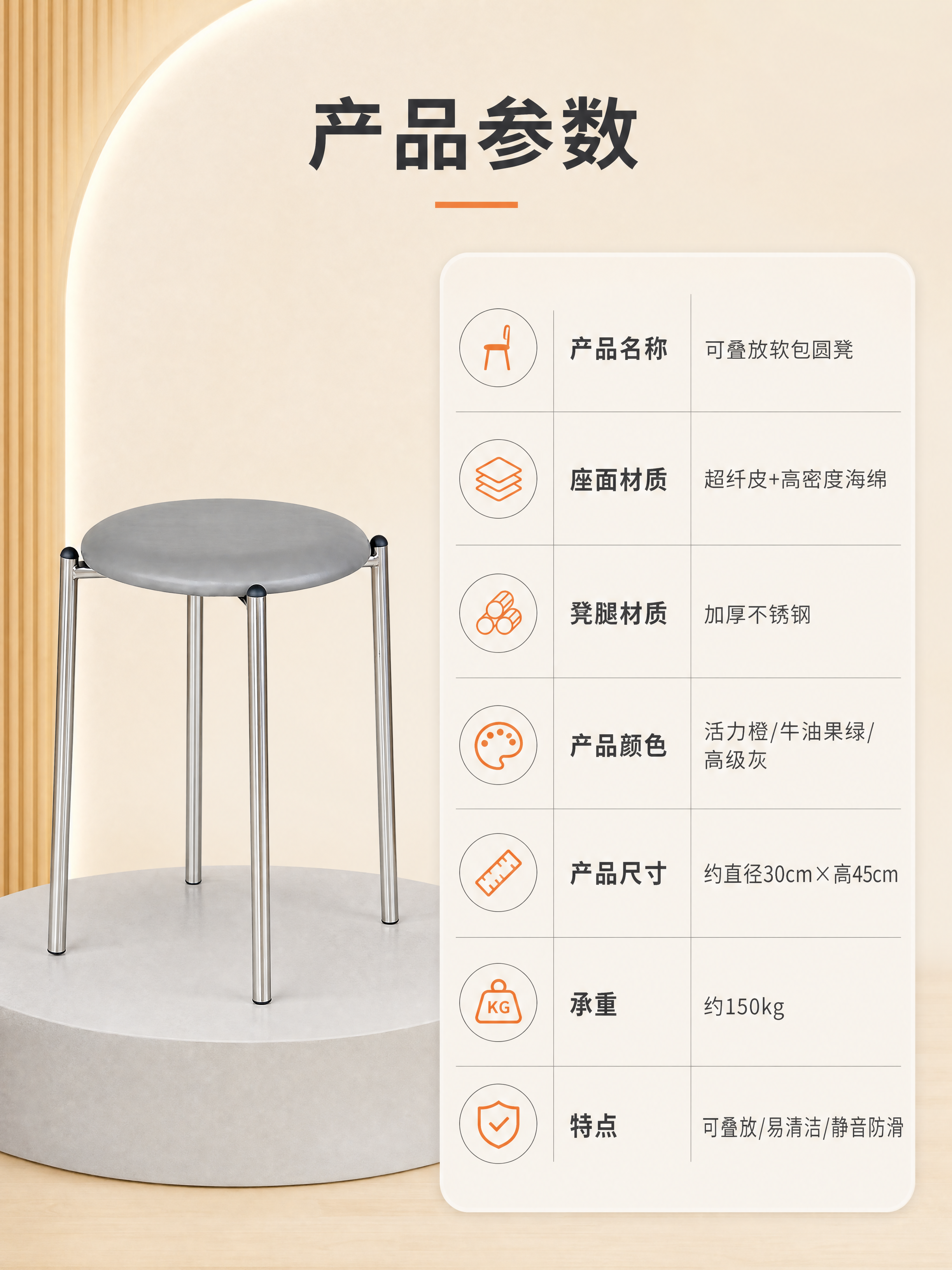 [商品] 使用【图4】灰色圆凳单把；保留不锈钢凳腿、灰色超纤皮… - 图片创意预览