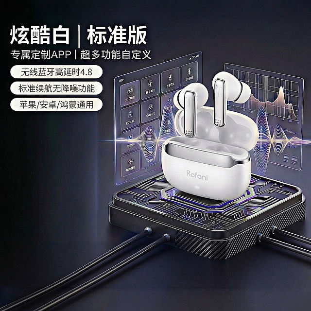 保持原图所有文案、产品、布局和设计元素不变，将图片输出尺寸调整为2000x2000像素，保留未来科技风背景和白色耳机产品质感。负向提示词：塑料感、低模、噪点、平面化、Logo变形、比例失调、文字错误
