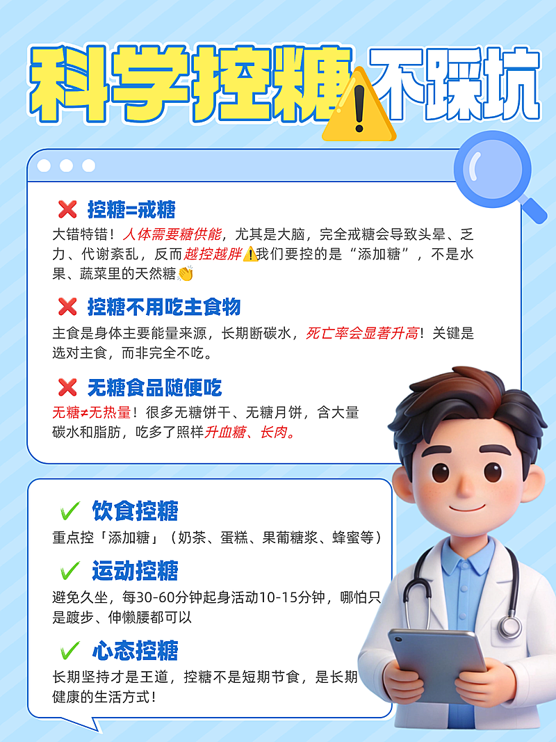 健康科普知识分享控糖方法3D卡通医生小红书图文