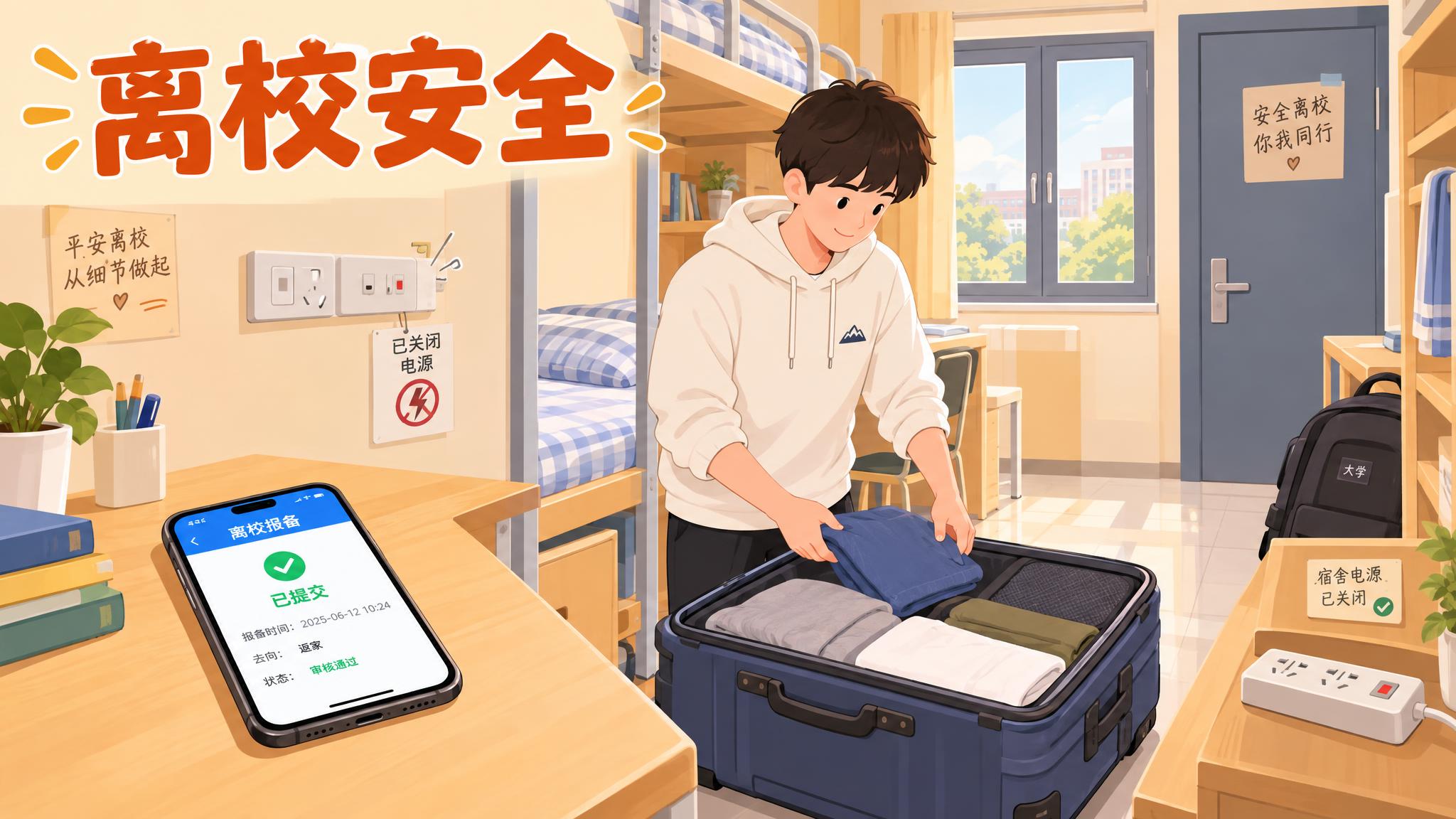 离校安全主题插画，16:9横版构图。画面展示大学生宿舍场景，一… - 图片创意预览