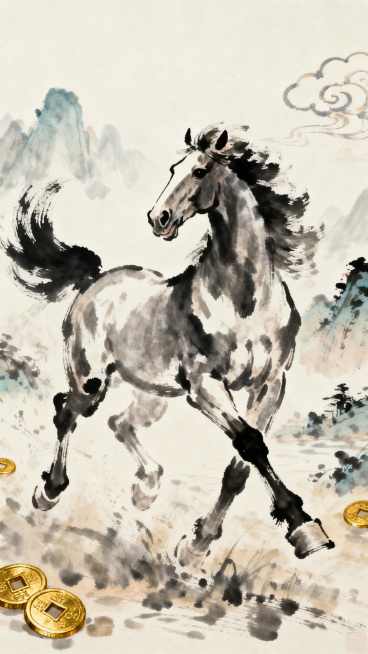 水墨风风格马年微信红包封面，水墨写意风格，一匹骏马昂首驰骋，线条流畅洒脱，墨色浓淡相宜，背景点缀水墨山水、祥云，角落搭配金色小铜钱，整体简约大气，意境悠远，色彩淡雅却不失喜庆，寓意马到成功、财源滚滚，预览效果