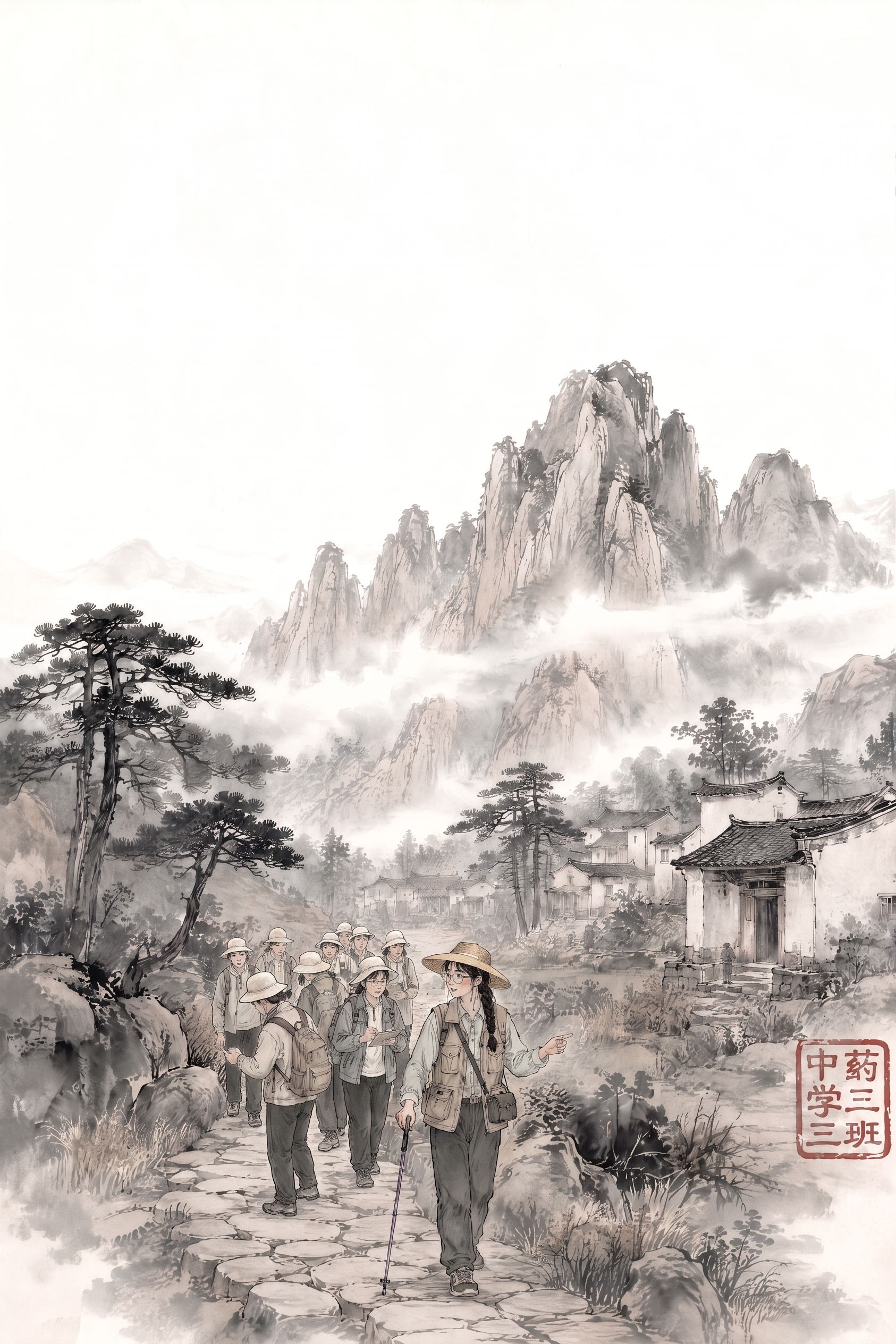 保持原图山水、云雾、村落、石板路、水墨风格、整体构图及老师人物… - 图片创意预览