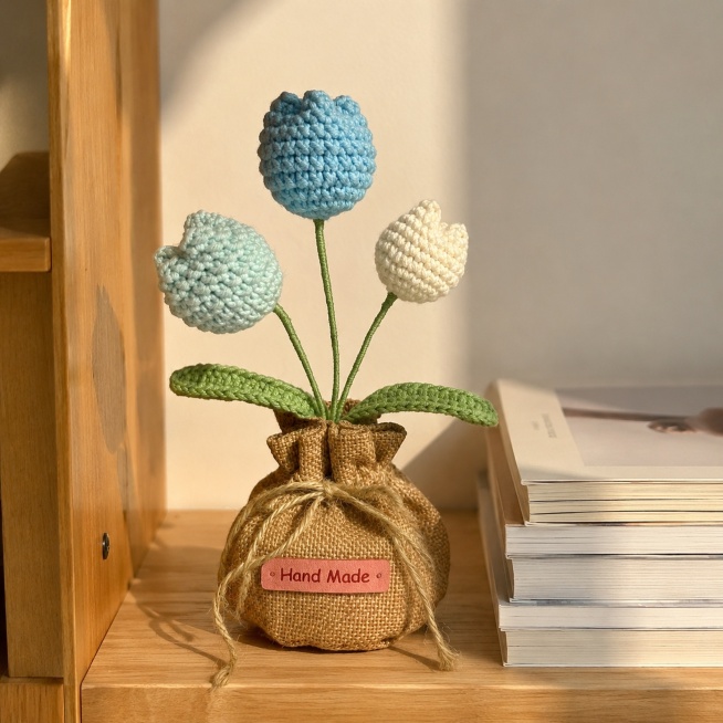 [主图-8] Handmade crochet tulip decoration placed on the bookshelf, next to stacked books. UGC native预览效果