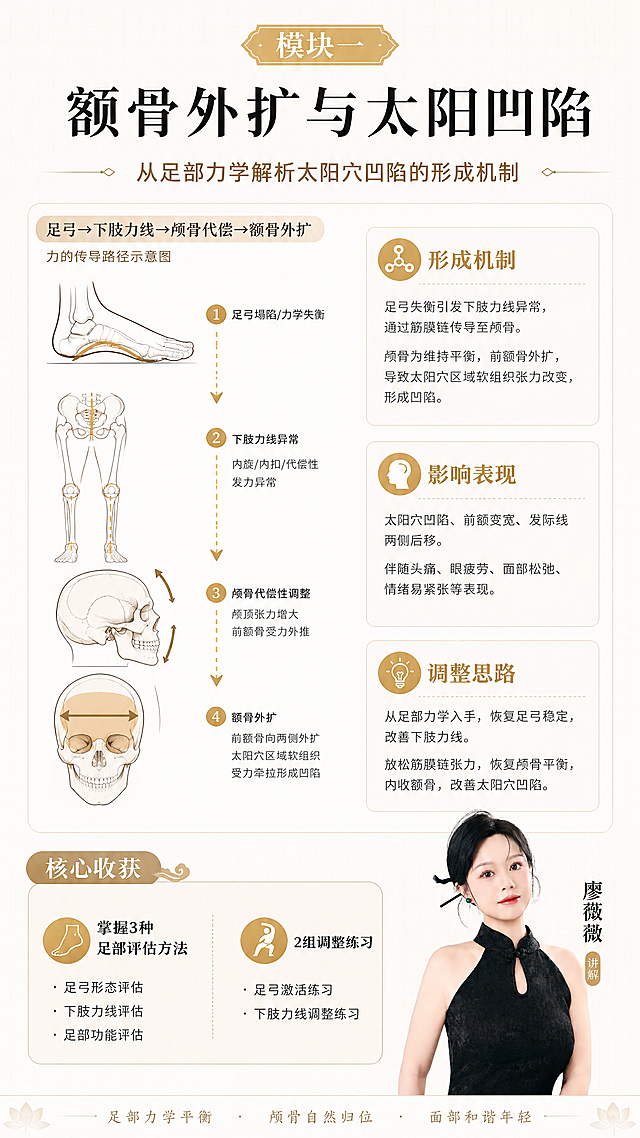 [第4屏] 详情页模块详解①-足对额骨外扩(太阳凹陷)的影响及调整思路。本屏使用【图1】作为讲师形象小图。
[氛围/风格] 新中式专业教学风，医学科普质感，知识点清晰，有学习感。
[元素布局] 画面上半部分为模块标题区，中间为知识图解区，下半部分为调整思路要点区；左侧有足部与额骨关联的解剖线描示意图，用金色虚线标示力的传导路径；右侧为文字要点区；右下角有廖薇薇老师半身小形象；背景米白色，有淡淡的网格线增加专业感。
[光影质感] 均匀柔光照明，示意图线条清晰，整体明亮干净，学术科普氛围。
[配色色系] 全局底色 #F8F5F0 米白色；主色 #1A1A1A 墨黑；辅助色 #C9A962 暗金；示意图线条 #8B7355 棕褐。
[视角构图] 上下分区构图，上标题中图示下要点，阅读动线从上到下，图文结合。
[文字版式] 顶部金色标签「模块一」+大标题「额骨外扩与太阳凹陷」；副标题「从足部力学解析太阳穴凹陷的形成机制」；中间左侧示意图标注「足弓→下肢力线→颅骨代偿→额骨外扩」传导路径；右侧三个知识要点卡片：「形成机制」「影响表现」「调整思路」每个配小标题+2行简述；底部「核心收获」栏：掌握3种足部评估方法+2组调整练习；右下角讲师小图标注「廖薇薇讲解」。
[比例分辨率] 9:16 竖版比例，4K分辨率，文字清晰可辨，高清画质。
[负向提示词] 文字错乱，示意图模糊，人物变形，水印，颜色偏差，内容杂乱。