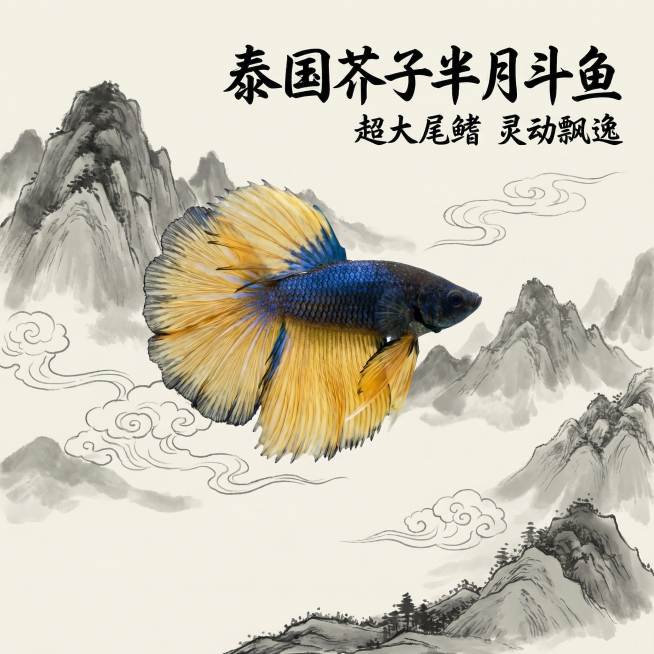 [主图 1] 泰国芥子半月斗鱼产品首图
[氛围风格] 国潮水墨风格，更浓郁的国风氛围，简约高级
[画面元素] 商业摄影质感，光线柔和通透，产品清晰真实，画面干净高级。完整展示泰国芥子半月斗鱼，斗鱼主体预览效果