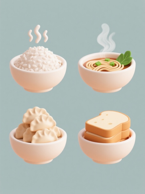 四个软3D风格食物图标规整排布在纯色背景上，保持相同的粗线条手绘风格，每个图标均以碗状容器为主体元素，采用简洁配色。所有图标采用统一的剪影处理和轮廓线条，整体呈现协调一致的系列感。第一个图标是热气腾腾的米饭，碗中盛满饱满的米粒，顶部有几缕向上飘散的热气线条；第二个图标是冒着香气的面汤，碗内有波浪状的面条，汤面上漂浮着绿色的葱花和几片菜叶，热气氤氲；第三个图标是堆叠的饺子，数个半月形饺子整齐地堆……预览效果