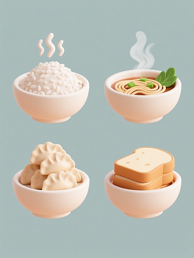 四个软3D风格食物图标规整排布在纯色背景上，保持相同的粗线条手绘风格，每个图标均以碗状容器为主体元素，采用简洁配色。所有图标采用统一的剪影处理和轮廓线条，整体呈现协调一致的系列感。第一个图标是热气腾腾的米饭，碗中盛满饱满的米粒，顶部有几缕向上飘散的热气线条；第二个图标是冒着香气的面汤，碗内有波浪状的面条，汤面上漂浮着绿色的葱花和几片菜叶，热气氤氲；第三个图标是堆叠的饺子，数个半月形饺子整齐地堆叠在碗中；第四个图标是切片的面包，几片长方形的面包片叠放在碗状容器内。所有图标线条圆润流畅，色彩明快且统一，具有清晰的视觉层级和高效的信息传达效率，整体设计简洁可爱，适合作为餐饮相关的系列图标使用。
