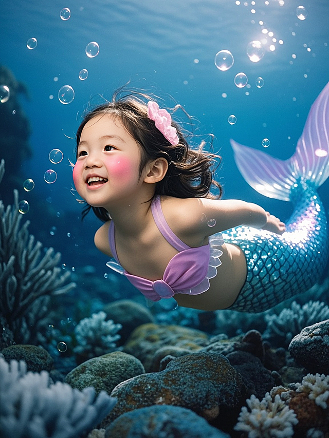 一个小女孩在深海之中，美人鱼造型，开心可爱神态，周围少量气泡装饰，深海自然景观点缀，正面视角