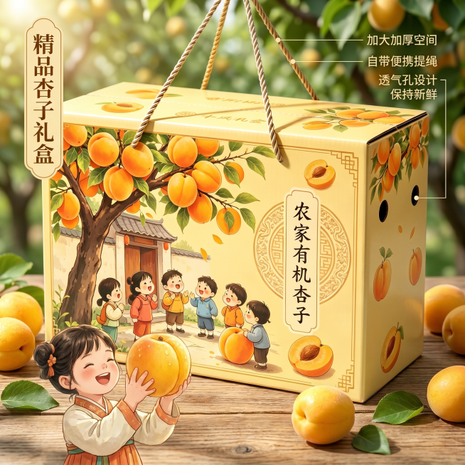 使用电商主图技能生成3张比例1:1的电商主图，适配平台为淘宝/天猫，商品为「图片1」，商品卖点为加大加厚，自带提绳，透气孔，田园风格，送底托，其他要求为背景采用果园风，一位农村小女孩手扶着盒子，盒子放预览效果