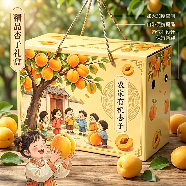 使用电商主图技能生成3张比例1:1的电商主图，适配平台为淘宝/天猫，商品为「图片1」，商品卖点为加大加厚，自带提绳，透气孔，田园风格，送底托，其他要求为背景采用果园风，一位农村小女孩手扶着盒子，盒子放在复古的桌子上，主图标题，精品杏子礼盒，文字周围有圆弧长条文案框