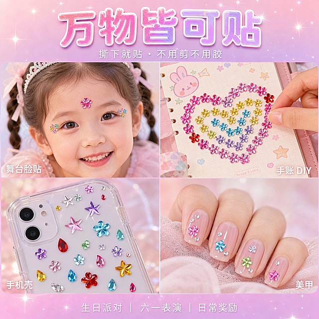 1:1 正方形电商主图，马卡龙清新风结合软萌少女风，背景为甜心粉到香芋紫柔和渐变加星芒闪光。顶部居中主标题 "万物皆可贴"，水晶通透质感大字，粉紫渐变填充带白色细描边和柔和投影；其下副标题 "撕下就贴・不用剪不用胶"，白色纤细无衬线字居中。主体为 2×2 四宫格分镜，四宫格之间的分隔线极细几乎不可见，画面占比拉满饱满，每格场景自然真实、贴在上面的钻尺寸与该场景物品比例严格真实协调：左上格为 3 至 6 岁女童脸部特写，扎公主辫穿浅粉纱裙笑容明亮，眉心一颗 0.8cm 中钻、眼角点缀数颗 0.5cm 小钻，钻的大小符合脸部真实比例，角落细体白字 "舞台脸贴"；右上格为手账本页面特写，页面上用 1cm 大钻、0.8cm 中钻拼出心形图案，钻的大小跟手账本比例真实协调，一只手撕下钻贴正在贴上，角落标注 "手账 DIY"；左下格为透明手机壳背面特写，壳上贴着 0.8cm 和 0.5cm 尺寸的钻，跟手机壳比例真实、bling 反光，角落标注 "手机壳"；右下格为美甲特写，指甲上点缀 0.5cm 小钻，大小贴合指甲宽度真实自然，角落标注 "美甲"。每格中的钻严格还原参考产品的形状、颜色、刻面火彩和 1cm/0.8cm/0.5cm 三种真实尺寸，比例真实自然不夸张。底部横条居中放一行白色细体小标签 "生日派对｜六一表演｜日常奖励"。整体明亮温暖有生活感，分格无粗边框、画面饱满占比高，干净统一软萌甜美。