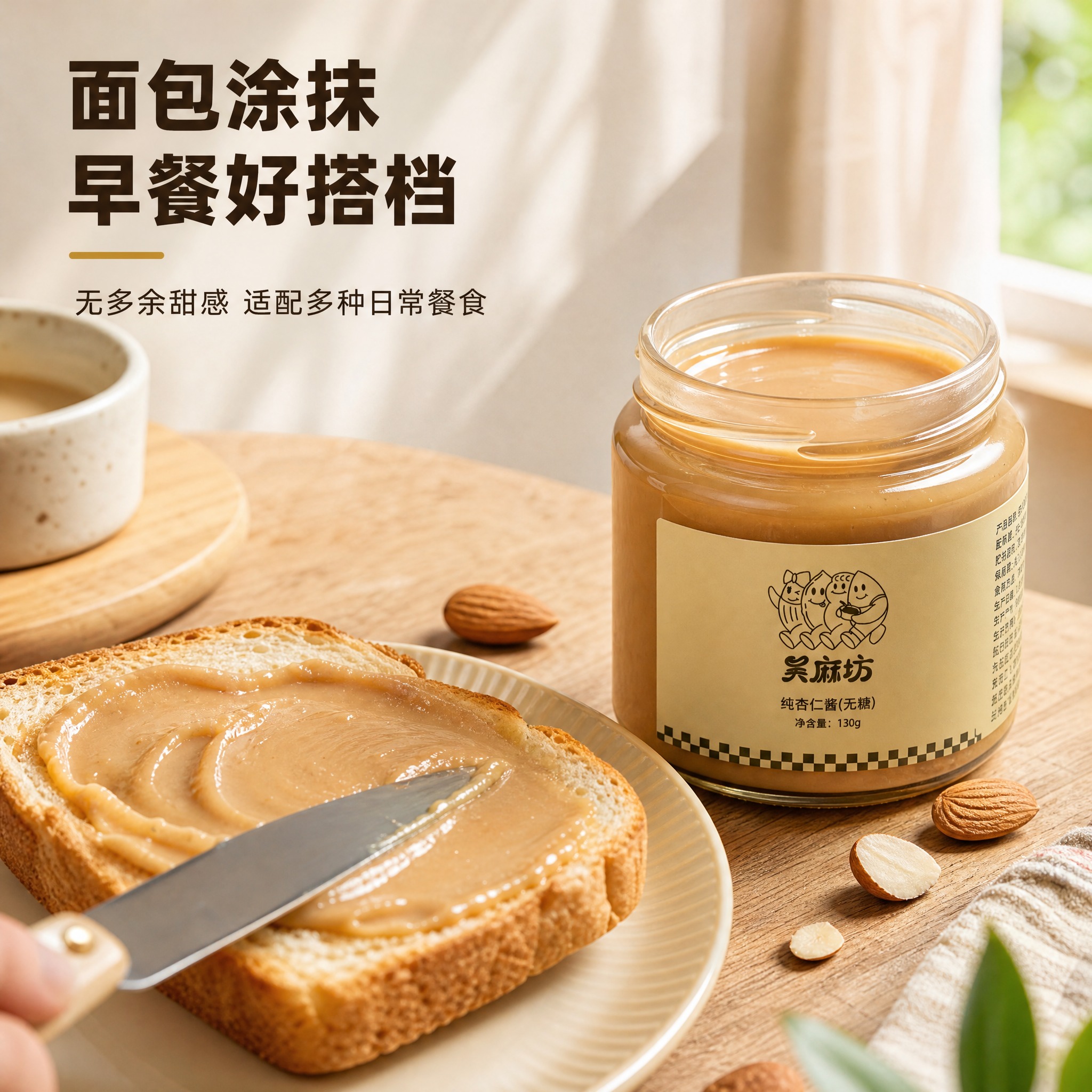 [主图-4] 吴麻坊纯杏仁酱 早餐面包涂抹场景 日常食用代入。… - 图片创意预览