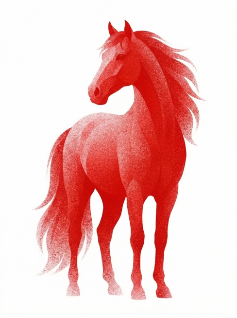 红色颗粒质感，简约抽象风格，单张静立回首的马，白色背景预览效果