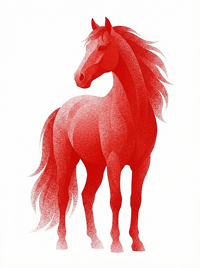 红色颗粒质感，简约抽象风格，单张静立回首的马，白色背景