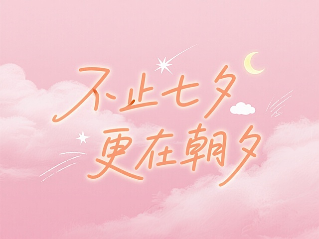 梦幻插画风，甜美粉色背景，大字设计突出七夕主题，星星月亮点缀，浪漫温馨。