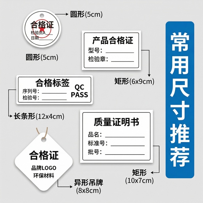 生成合格证常用规格尺寸展示主图，参考图格局使用不对称错落排版，展示5款不同常用尺寸的合格证成品样图，每款标注对应尺寸名称，右侧竖向蓝色色块标注标题"常用尺寸推荐"，所有展示内容不重复参考图，背景浅灰色预览效果