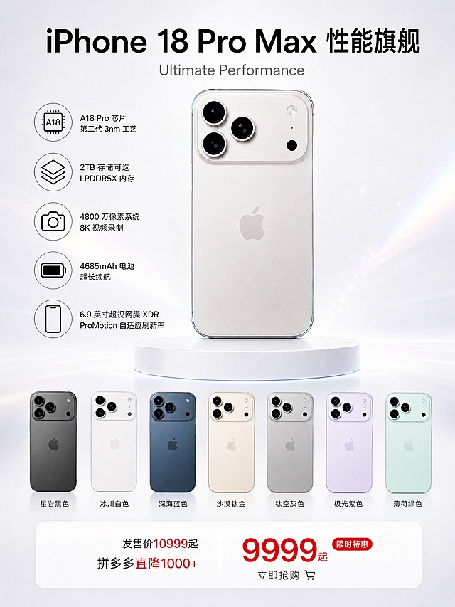 3:4竖版商业数码海报，纯净瓷白色背景，微弱冰白镭射细碎光晕，柔和冷调柔光，白色圆形展台，iPhone 18 Pro Max手机产品图按原图保留不重新设计，规整摆放，顶部大标题"iPhone 18 Pro Max 性能旗舰" + 英文副标题"Ultimate Performance"，左侧圆形图标文字介绍产品数据参数，底部展示不同配色样机并标注名称，清爽干净科技质感，画面明亮通透，8K高清，排版精致规整，产品数据详情页，价格标注：发售价10999起 拼多多直降1000+ 【9999起】