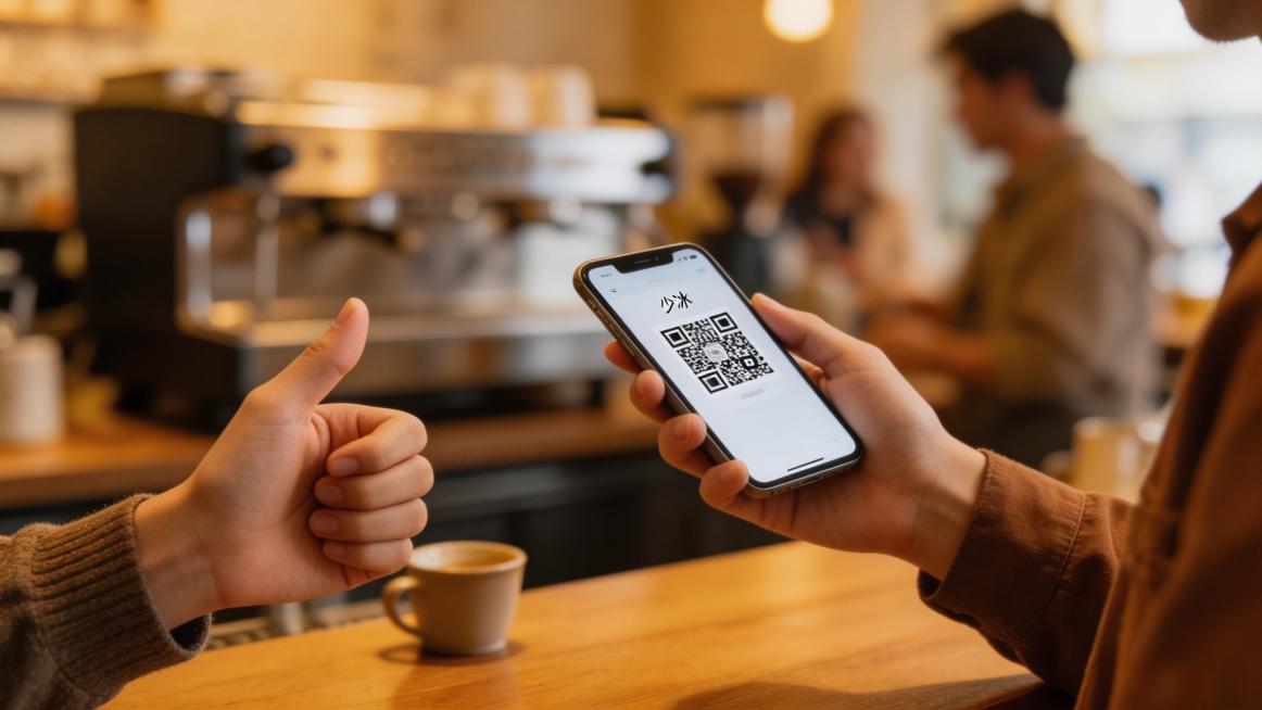 插图，点单瞬间，咖啡馆吧台前，一只手正在递出手机支付码，另一只手比划着“少冰”的手势，背景是虚化的咖啡机和人流，暖色调抓拍风格，强调那一刻的真实感预览效果