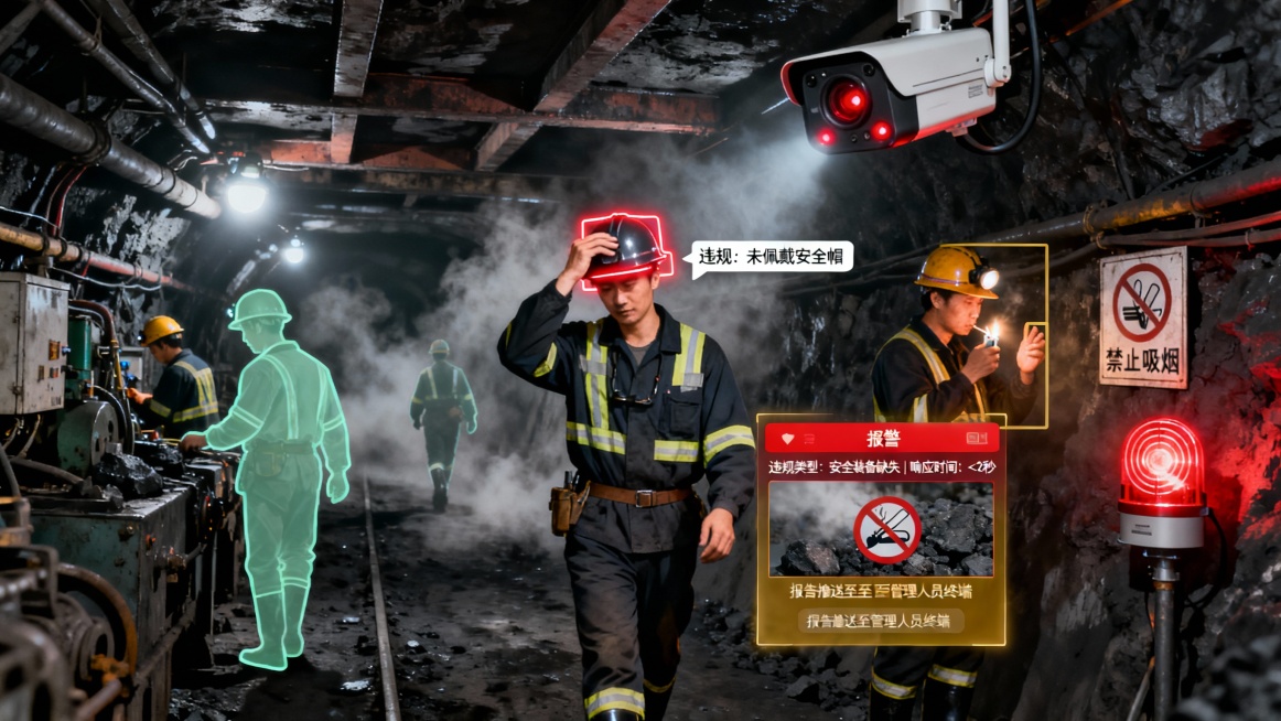 煤矿井下主巷道作业区，光线昏暗，仅靠顶部的矿灯和矿工安全帽灯照明，空气中飘浮着煤尘。几名矿工正在操作设备或行走，大多数人身着规范的反光衣与安全帽。

在巷道顶部钢梁上，安装着带有防爆外壳的AI摄像机，预览效果