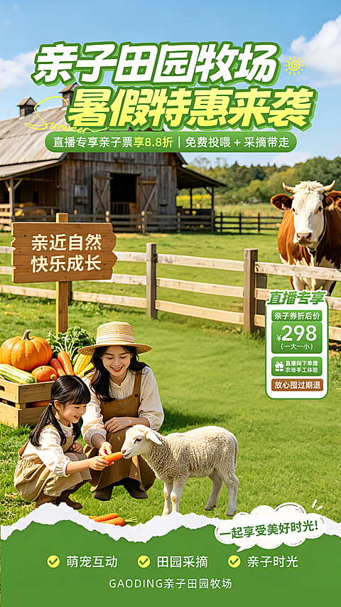 暑期研学亲子活动田园牧场夏日清新自然风直播间背景贴片组合