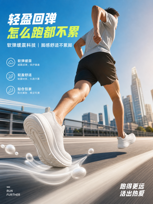 运动鞋宣传海报，展示健身达人穿着朴素简约纯色运动鞋跑步，突出脚底舒适不累脚，整体画面运动活力，吸引眼球预览效果