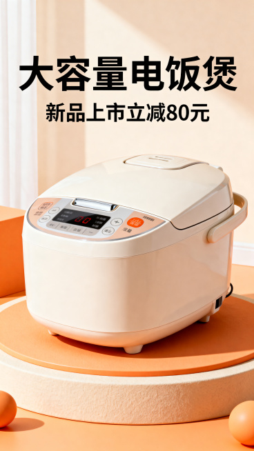 竖版电商促销海报，展示大容量电饭煲产品，主标题文字"大容量电饭煲"，副标题文字"新品上市立减80元"，现代简约风格，暖色调，突出产品和促销信息，适合电商平台推广预览效果