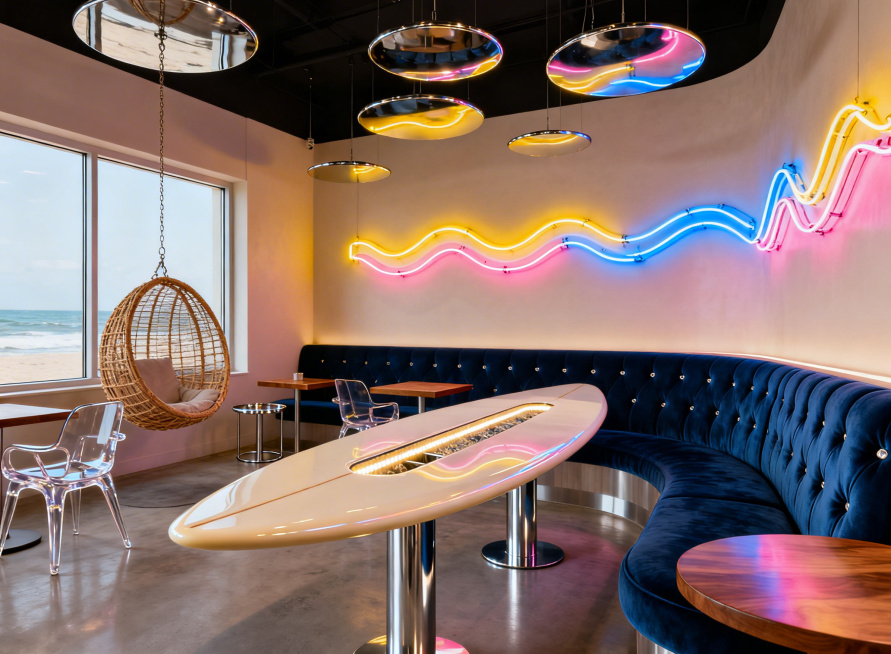 Sunset Drive Cafe咖啡店室内座位区，包含深海蓝色丝绒拉扣弧形卡座搭配柚木圆桌，靠窗是透明亚克力伊姆斯椅配柚木小方桌，中间悬挂藤编吊椅搭配金属小圆桌，共享长桌是奶油白色高光玻璃钢冲浪板造预览效果