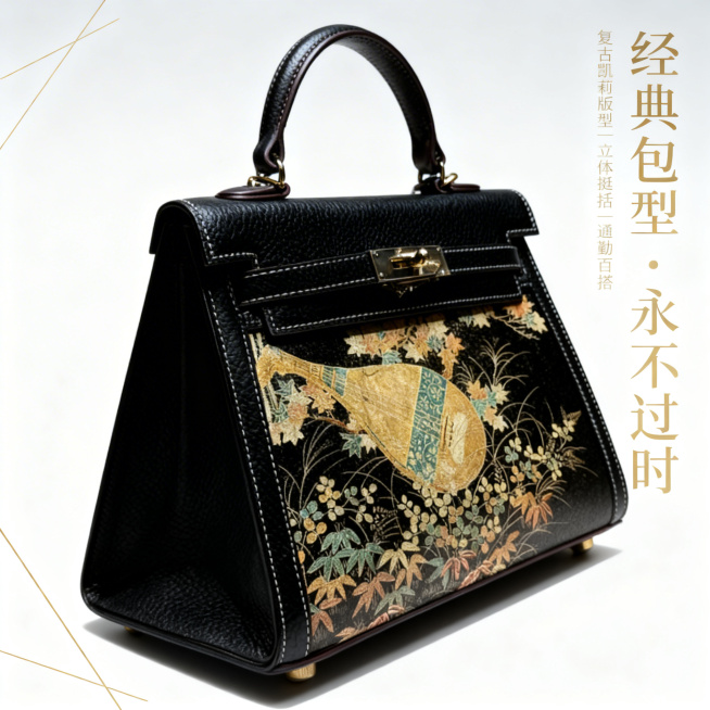 严格还原上传产品图的包装设计、颜色、LOGO位置、文字内容、图案元素等所有细节，45度侧视角展示产品，清晰呈现经典凯莉包型的立体轮廓、金属锁扣、手提带与包身结构，莳绘纹样完整可见。画面右侧竖排放置主标预览效果